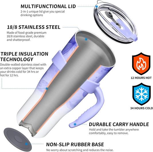 THILY 40 oz Insulated Tumbler with Handle - Stainless Steel Coffee Travel Mug with Lid and Straws, Keep Drinks Cold for 34 Hours or Hot for 12 Hours, Violet Leaves