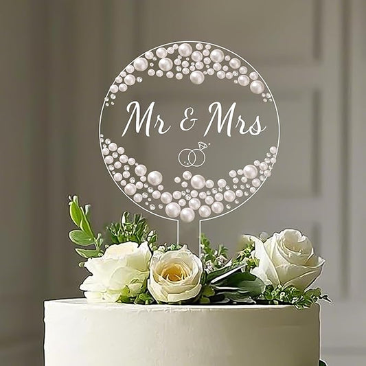 Coucoland Personalized Cake Topper - Round Acrylic Decor for Wedding Birthday with Rhinestones Pearls and Marker Pen (White)