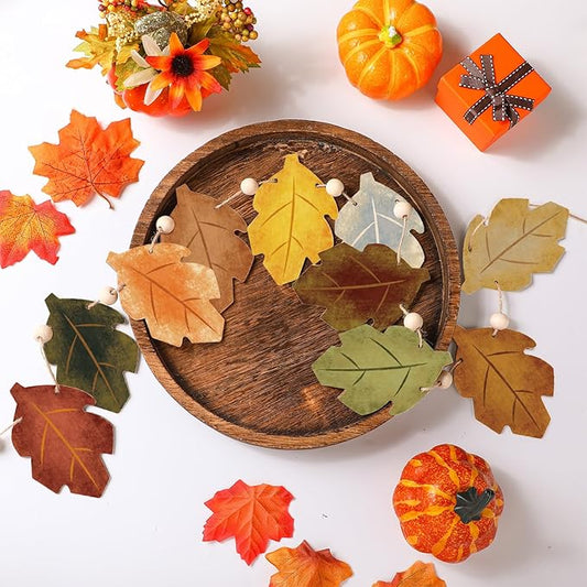 8.2 ft Fall Decorations Wooden Maple Leaf Garland Autumn Leaves Banner Multicolor Thanksgiving Banner Rustic Farmhouse Wood Bead Garland Hanging Decor for Fireplace Mantel Wall Home Window
