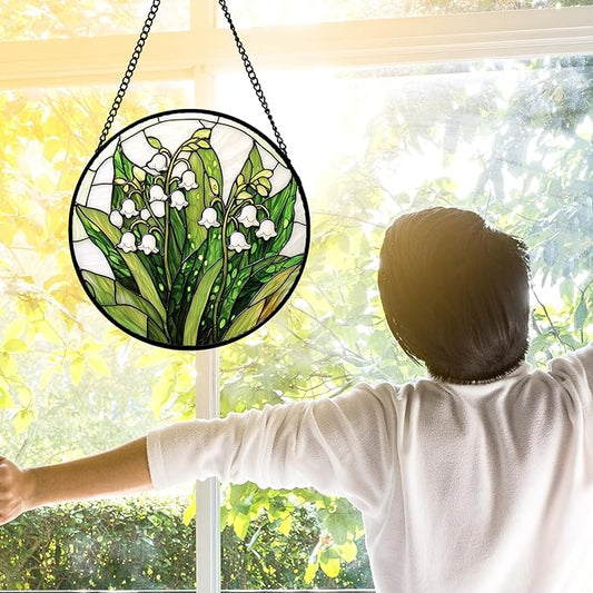 Stained Glass Window Hanging, Lily of The Valley Flower Sun Catchers Colorful Glass Panel Green Plants Suncatcher Decor for Birthday for Women,Men,Wife, Lovers, and Mom 7.8 in