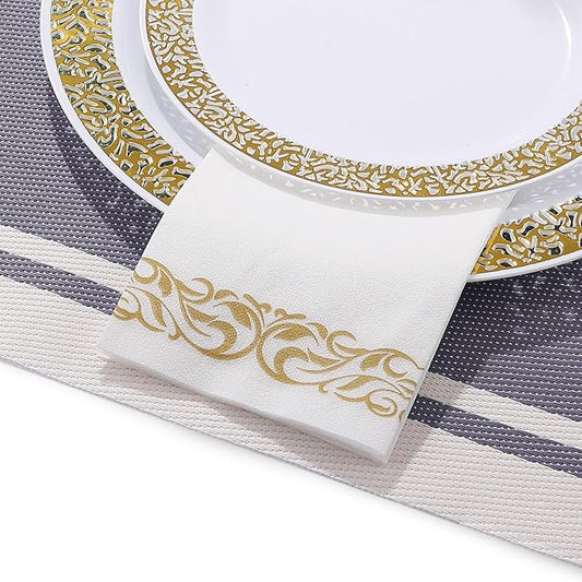 200 Disposable Hand Towels Soft and Absorbent Linen Feel Dinner Napkin Durable Decorative Bathroom Hand Napkins Good for Kitchen, Parties, Weddings, Dinners or Events White and Gold
