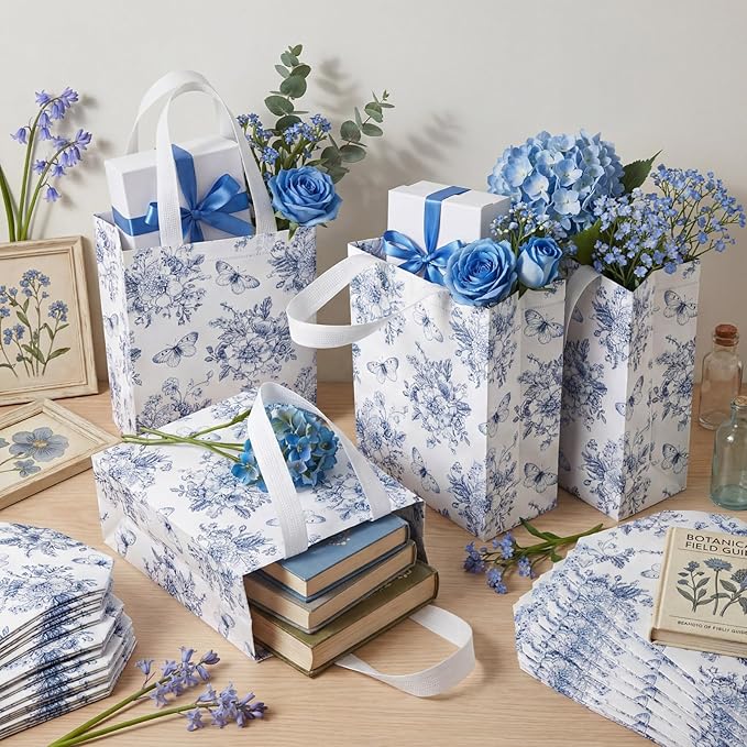 Supervitae 24 Pack Blue Floral Theme Gift Bags Medium Floral Party Favor Flower Totes Reusable Totes Non Woven Goodie Bags for Wedding Birthday Baby Shower Family Holiday Travel(9.8" x 7.9" x 3.9")