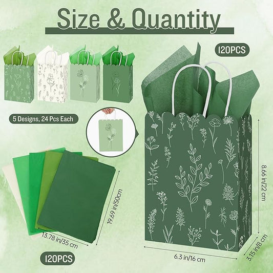 MIMIND 120 Pcs Sage Green Wildflower Gift Bags with Handles Reusable Floral Paper Bags with Tissue Paper for Weddings Birthdays Baby Shower Party Favors