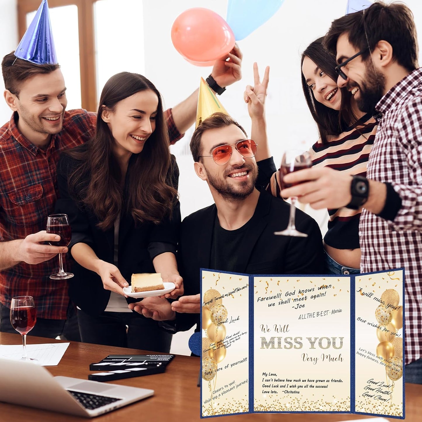 DARUNAXY Blue Gold Farewell Party Decorations, We Will Miss You Very Much Alternative Signature Guest Book for Men Women Going Away Gifts Signing Card Board for Retirement Graduation Party Supplies