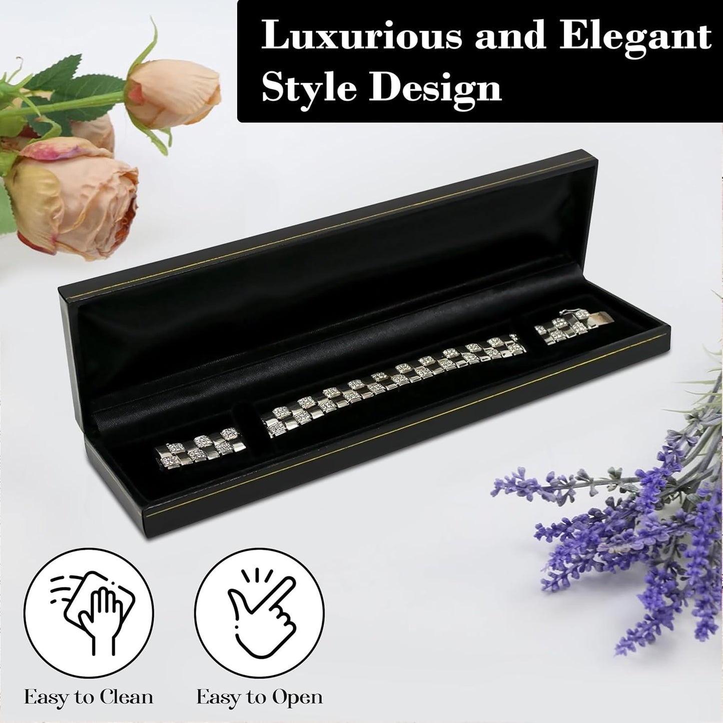 Novel Box Black Jewelry Box for Bracelets 8.6x2.25x1 Inches - Bracelet Gift Boxes with Gold Trim - Faux Leatherette Bracelet Storage Case - Gift Presentation Cases for Bracelets Only