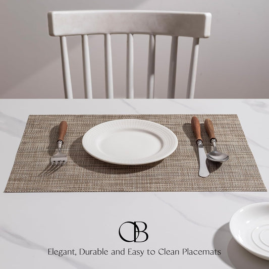 Placemats Set of 6 - Easy Clean Woven Vinyl Placemats for Dining Table, Indoor/Outdoor Place Mats, Washable PVC Table Mats(Caramel)