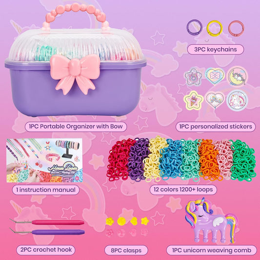 Bracelet Making Kit for Girls Ages 8-12, Weaving Rainbow Bands kit,DIY Toys for Friendship Birthday Gifts for Kids 6 7 9 10 11 13 Year Old, 1200+ Elastic Cloth Rubber Band Fabric Loops