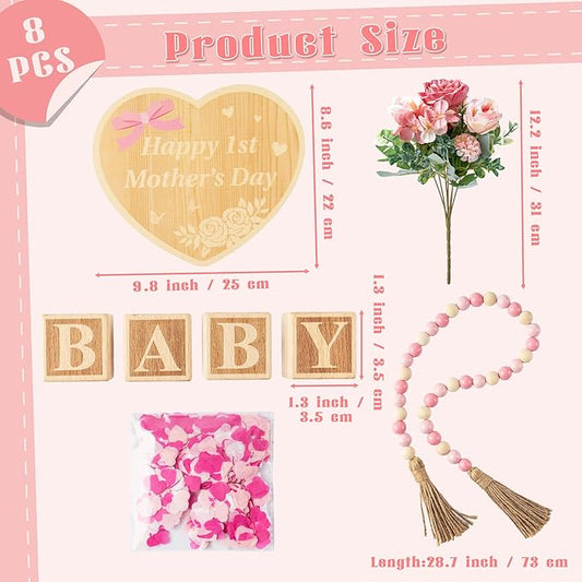 Mother's Day Pregnancy Announcement Set - 8Pcs Coming Soon Baby Announcements Ideas Include Wooden Sign Flower Beads Garland New Mom Pregnancy Reveal Photo Props for Grandparents Dad Husband Family