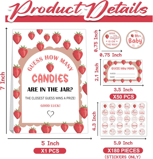 Guess How Many Candies Baby Shower Games, How Many Candies Standing Sign 50 Guessing Cards 180 Baby Shower Candies Stickers, Guess How Many Candies Strawberry Baby Showers Game Set for Birthday Party