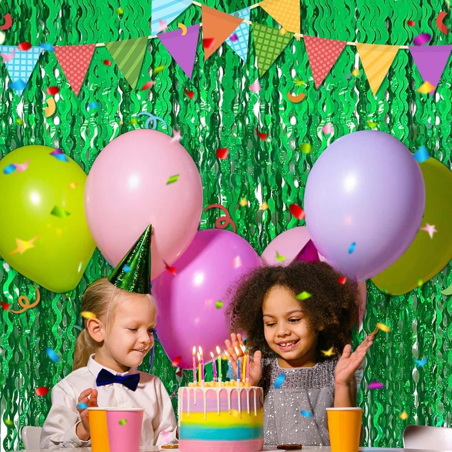 4 Pack Green Fringe Curtain Backdrop 3.2Ft x 8.2Ft Metallic Tinsel Foil Fringe Streamers Background for Photo Booth, Easter, Mother's Day, Bachelorette, Wedding, Birthday Party Decoration