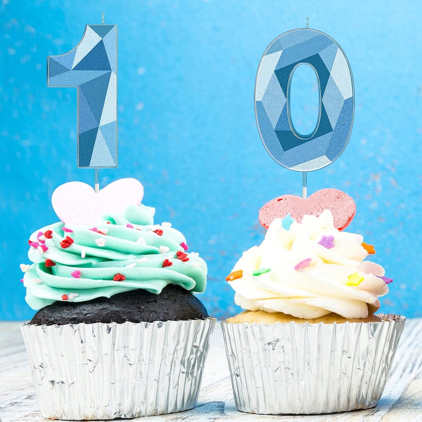 Nuanchu 10th Birthday Candles 3D Diamond Shape Number Candles Numeral Birthday Cake Topper Cake Candles for Family Baking Theme Party Decoration Cake Decorating Supplies (Blue)