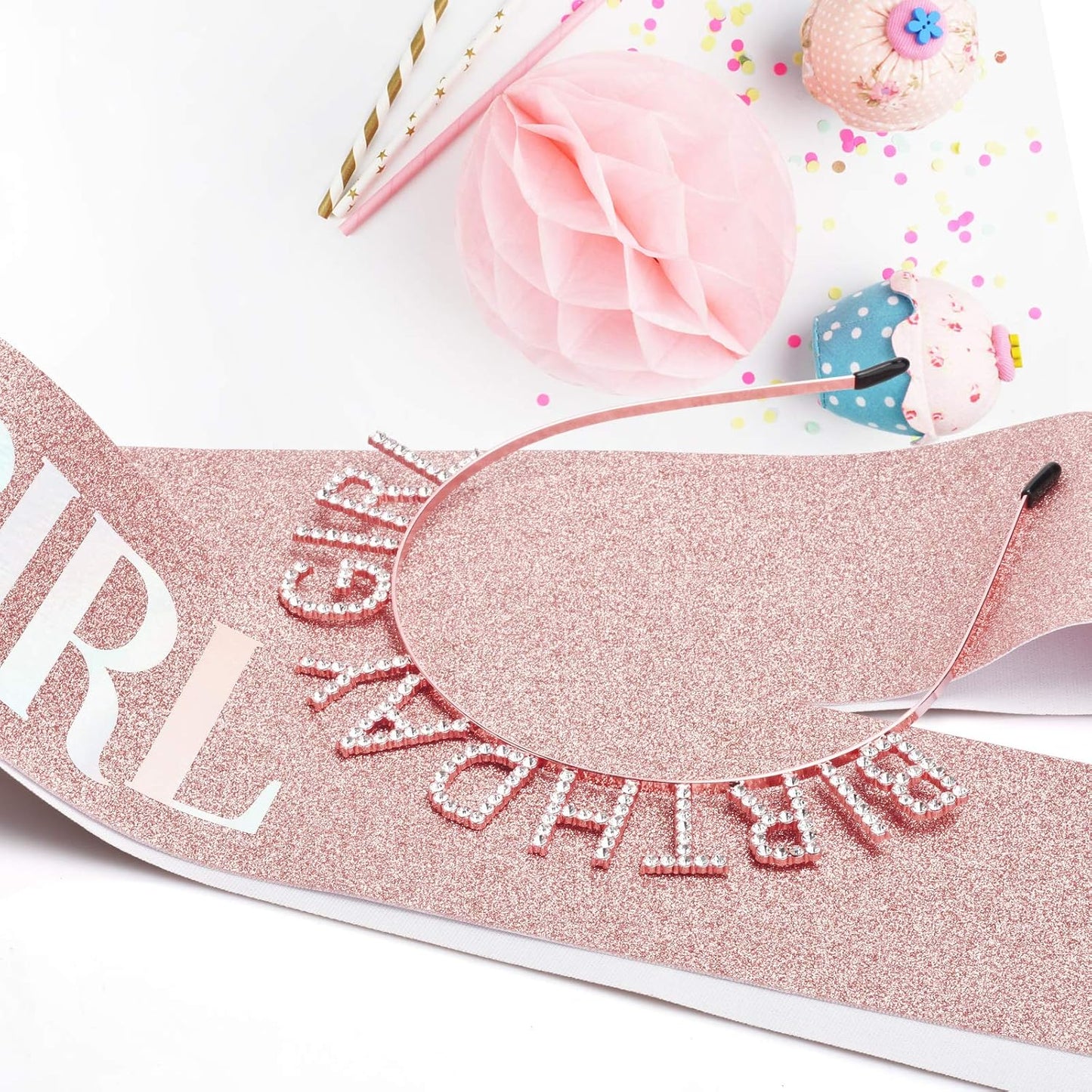 Birthday Crown and Sash Set for Women - Glitter Birthday Girl Sash, Rose-Gold Rhinestone Tiara Headband Gifts Sweet Happy Accessories