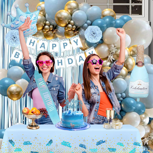 Blue Birthday Decorations, Blue Party Decorations with Happy Birthday Banner Dusty Blue Sand White Gold Balloons Tablecloth Curtain Sash Tiara for Women Girls Princess Light Blue Birthday Decorations