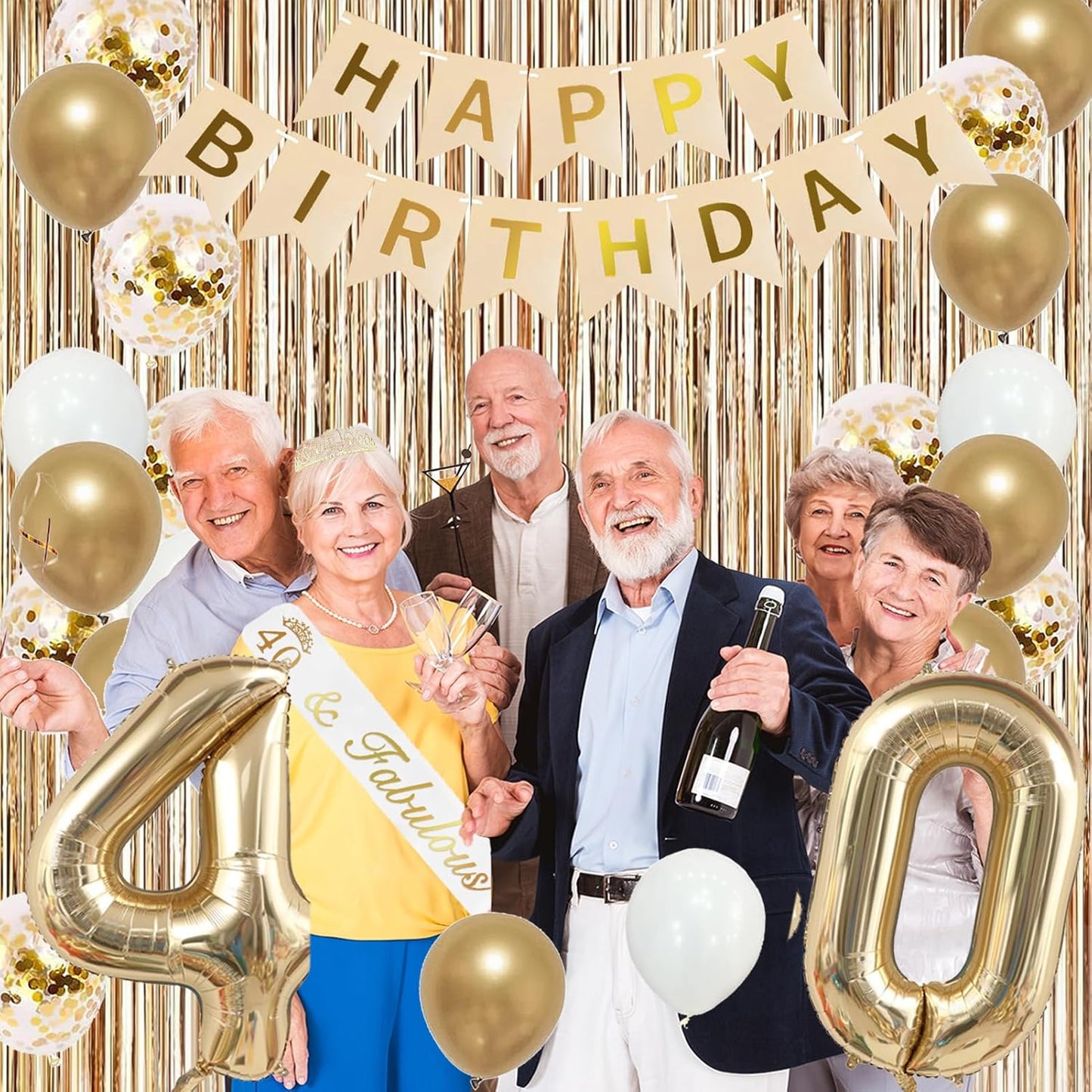Trgowaul 40th Birthday Decorations for Women, Banner, Sash and Crown, Cake Topper, 40 Number Balloon, Fringe Curtains, Champagne Gold 40th Birthday Party Supplies