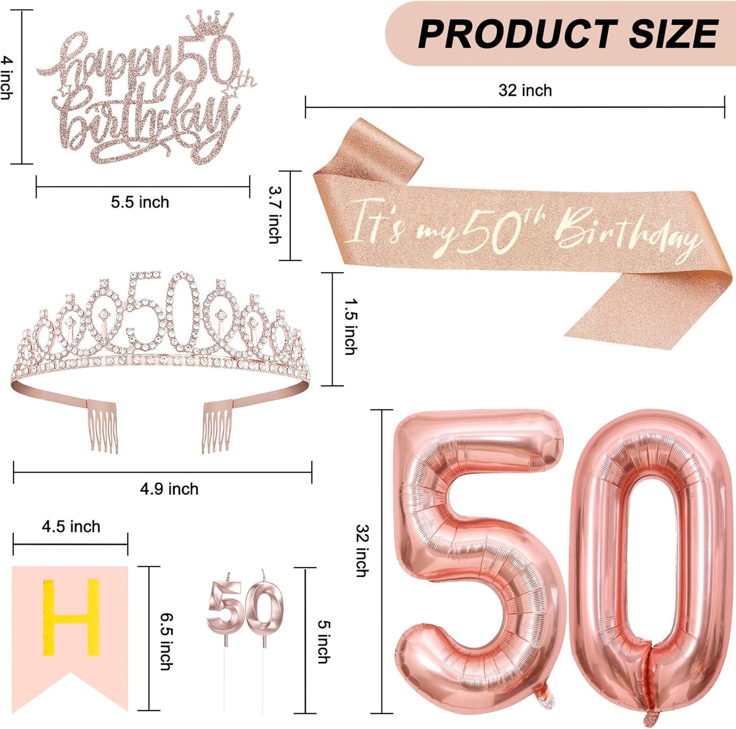 50th Birthday Decorations for Women, Including 50th Tiara and Sash, Happy Birthday Banner, Cake Toppers, Number Candles and Balloons Set, Rose Gold