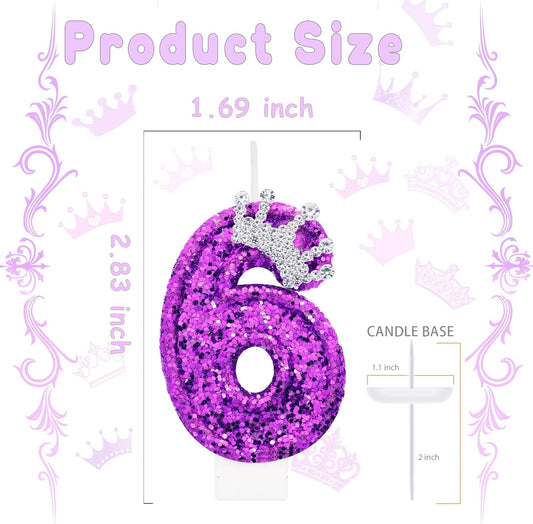 Purple Birthday Candle for Cake, Crown Purple Number Candles, 2.76 inch Cake Topper Decoration for Princess Birthday Party (Number 6)