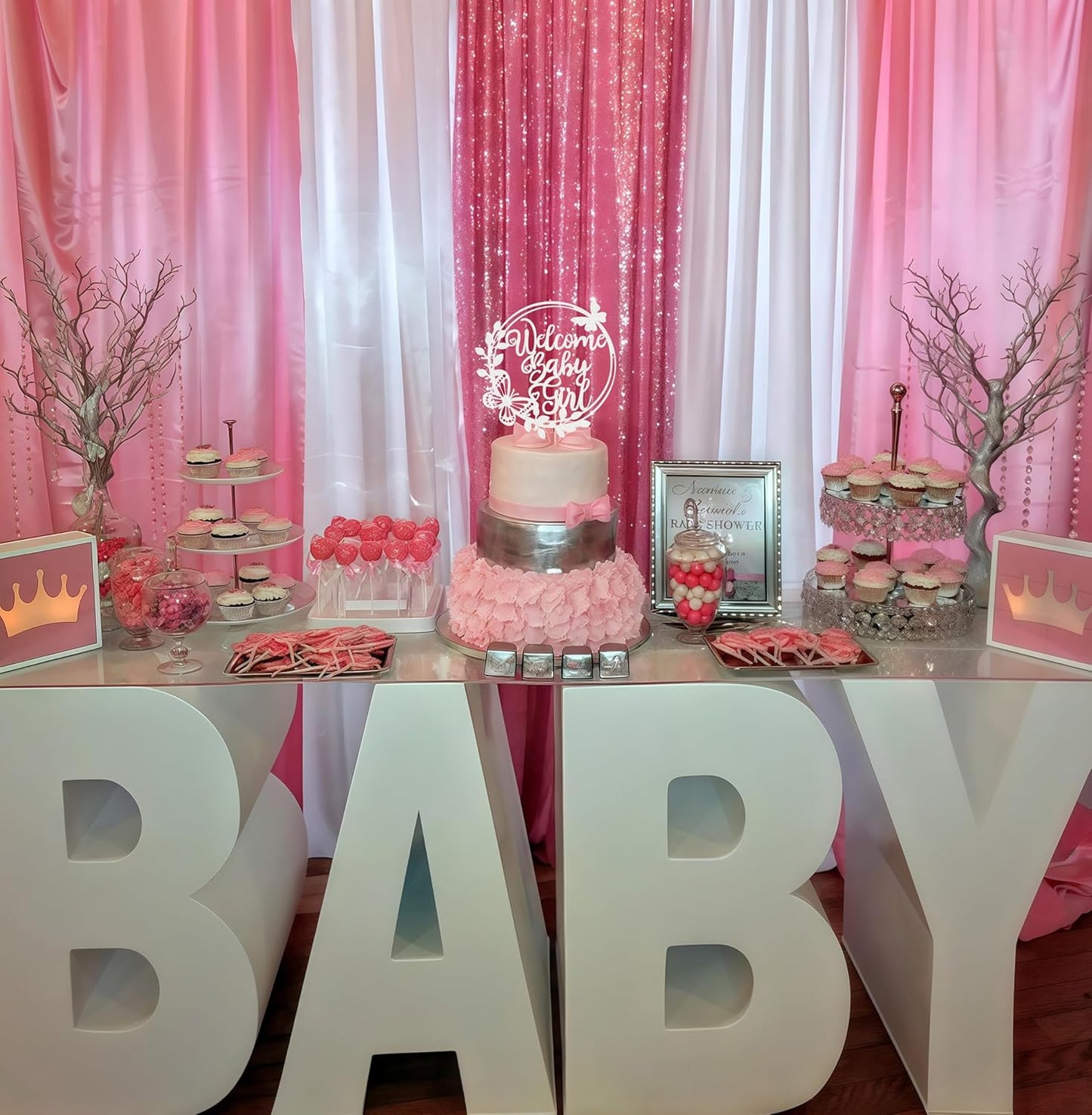 Welcome Baby Girl Cake Topper - Silver Glitter Baby Shower Cake Decorations, Baby Girl Cake Decor, for Baby Shower/Birthday Party/Gender Reveal Party Photo Booth Props