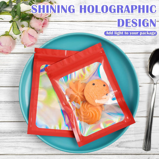 300 Pcs Mylar Bags, Smell Proof Bags Foil Pouch, Holographic Resealable Bags for Small Business, Candy Sample Jewelry Bag Sealable Packaging for Party Favor Food Storage (2.8x3.9in-Red)
