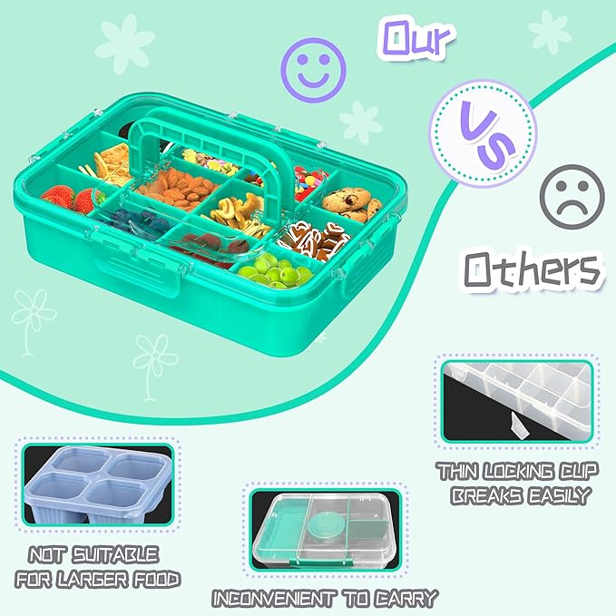 Snack Box Container for Kids - Adjustable 12-Compartment Snack Containers, Reusable Bento Box, Dishwasher Safe, BPA-Free, Perfect for School, Travel, Camping & Picnic, Green