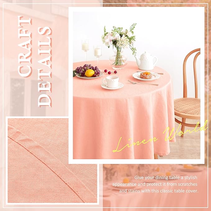 Linen World Linen Tablecloth,100% French Flax Round Tablecloth 70" Inch,Washable Natural Table Cloth for Dining,Outdoor,Weddings and Restaurants,Decorative Christmas,Peach Pink