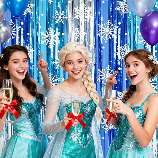 2 Packs Snowflake Foil Fringe Curtain, Blue Silver Ice Glitter Metallic Tinsel Backdrop for Princess Birthday Baby Shower Santa Claus Christmas Winter Wonderland Party Decoration Supplies