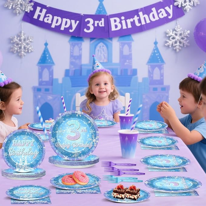 Snowflake Winter Wonderland 3rd Birthday Paper Plates Napkins Forks Disposable Dinnerware Happy 3rd Birthday Blue and Purple Winter Snowflake Tableware for Kids Christmas onderland Party Decorations