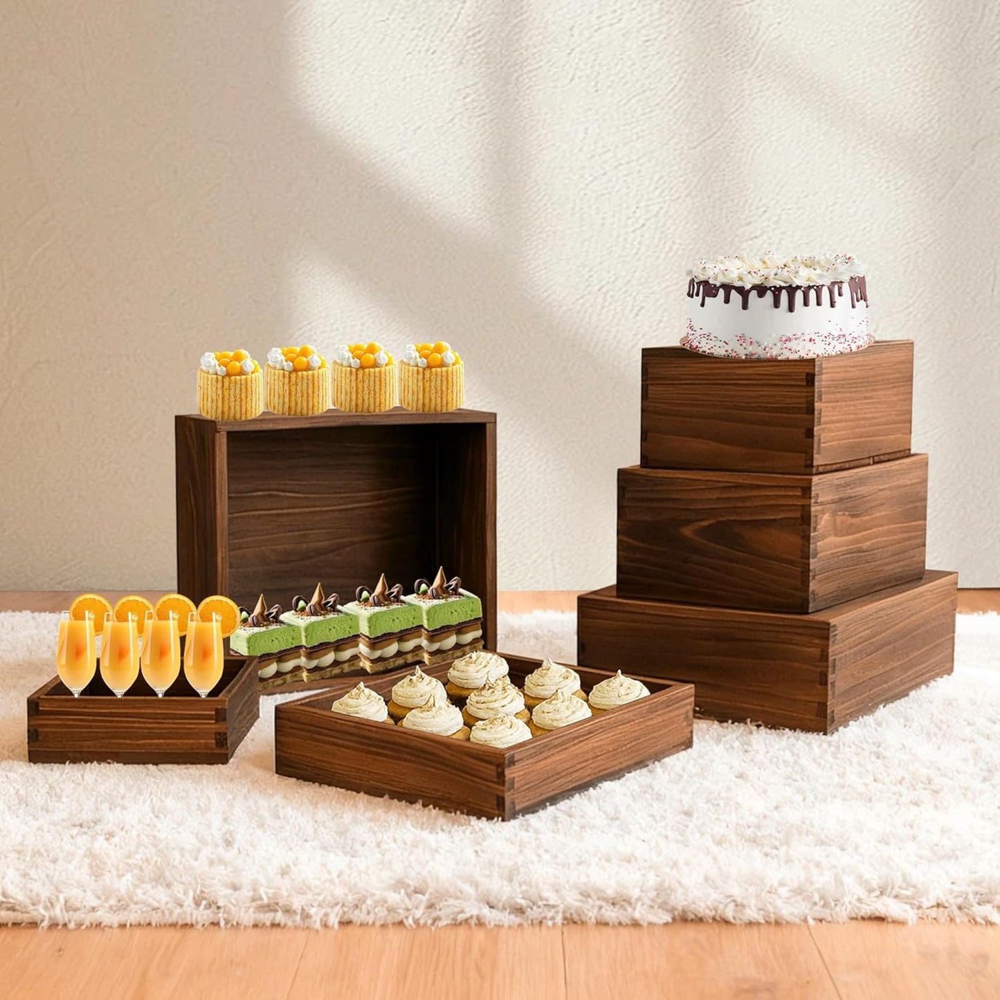 6-Pack Wood Risers Display Stands, Multi-Height Food Risers for Buffet Table, Rustic Wooden Cake & Cupcake Stands for Party, Birthday, Wedding, Halloween Decor