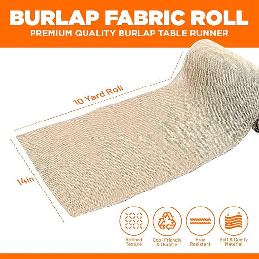 Burlap Table Runners- {14inx10yards}- Burlap Cloth Roll Used for Dining Runners, Crafts, Dresser Cover & Sackcloth - Natural Jute Runner Suitable for Event Decor, Thanksgiving Table & Weddings