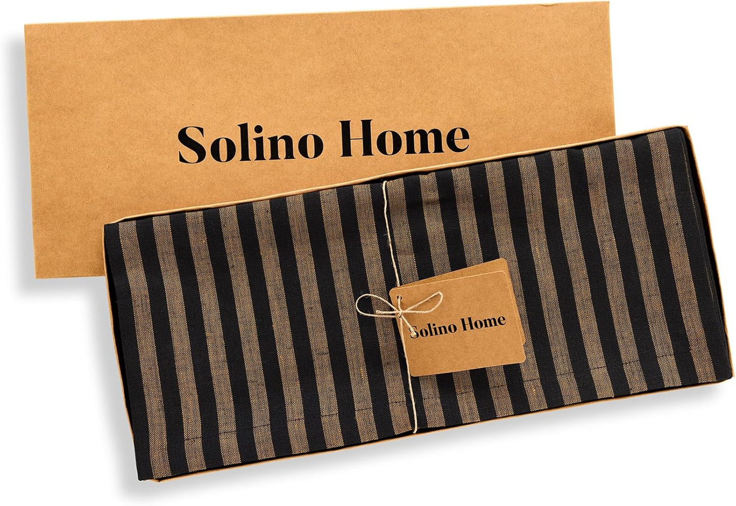Solino Home Table Runner 144 Inches Long - Amalfi Stripe, 100% Pure Linen Brown Sugar and Black Table Runner 14 x 144 Inch for Dining, Fall, Autumn, Thanksgiving