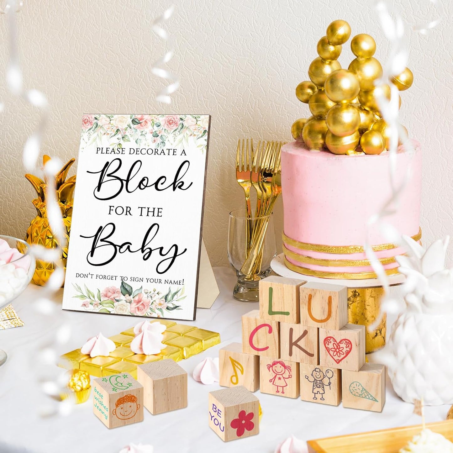 Tatuo 75 Pcs Baby Shower Games Sign Kit Including Decorate a Block Game Sign 50 DIY Wooden Block 24 Acrylic Paint Marker Baby Shower Prize for Gender Reveal Party(Floral)