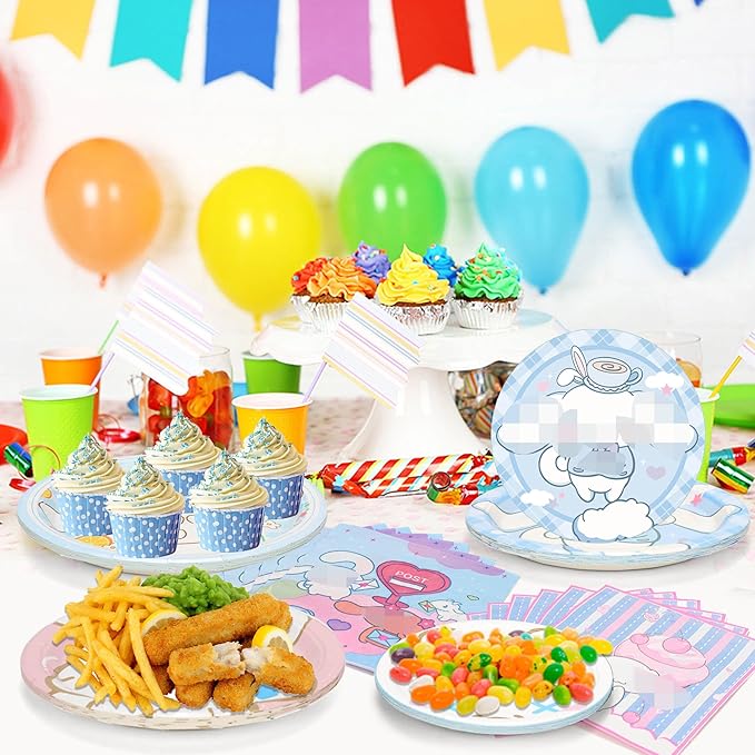Cartoon Birthday Party Decorations Supplies - 120PCS Kawaii Party Tableware Decorations Kit Include 30 9" Plates, 30 7" Plates, 60 Napkins for Girls Boys Birthday Party Favors