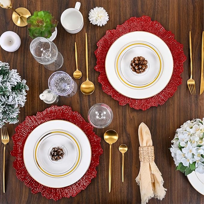 Pesonlook 24Pcs Red Charger Plates Round 13inch, Reef Plate Chargers for Dinner, Bulk Plastic Floral Table Charger Plates for Dinner Wedding Party Event Table Setting Decoration(Red)