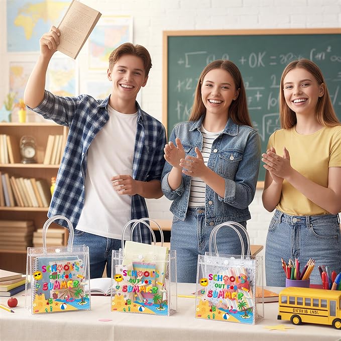 H1vojoxo End of Year Gift Bags - 24PCS End of Year Clear PVC Gift Bags with Handles Bulk 7.9x3.2x7.9 Inch Last Day of School Goodie Treat Bag Summer School's Out Classroom Gifts Wrap Totes for Student