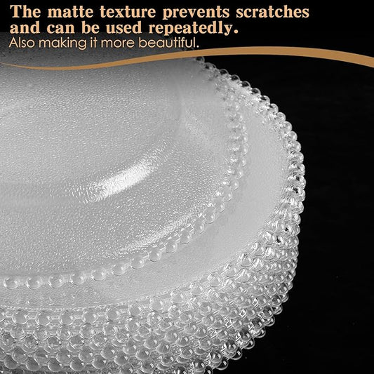 Hoolerry 50 Pack Clear Charger Plates Bulk 13 Inch Plastic Round Beaded Dinner Chargers Acrylic Frosted Grain Decorative Service Plates for Wedding Party Event, Home and Kitchen Tabletop (Transparent)