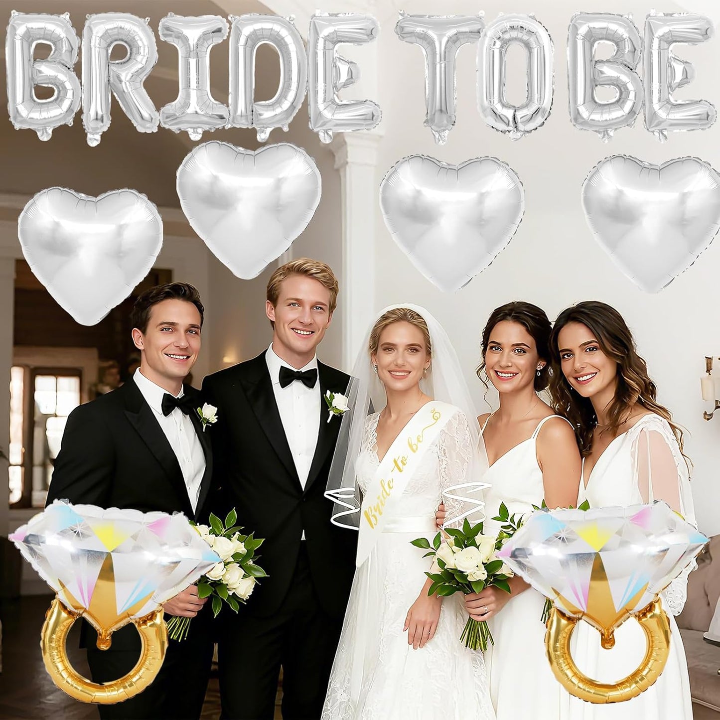 Silver Bachelorette Party Decorations, Silver Bride to Be Banner Heart Balloons with Diamond Ring Foil Balloon, Gold Bride to Be Sash&Veil for Bachelorette Engagement Gift Bridal Shower Party Supplies