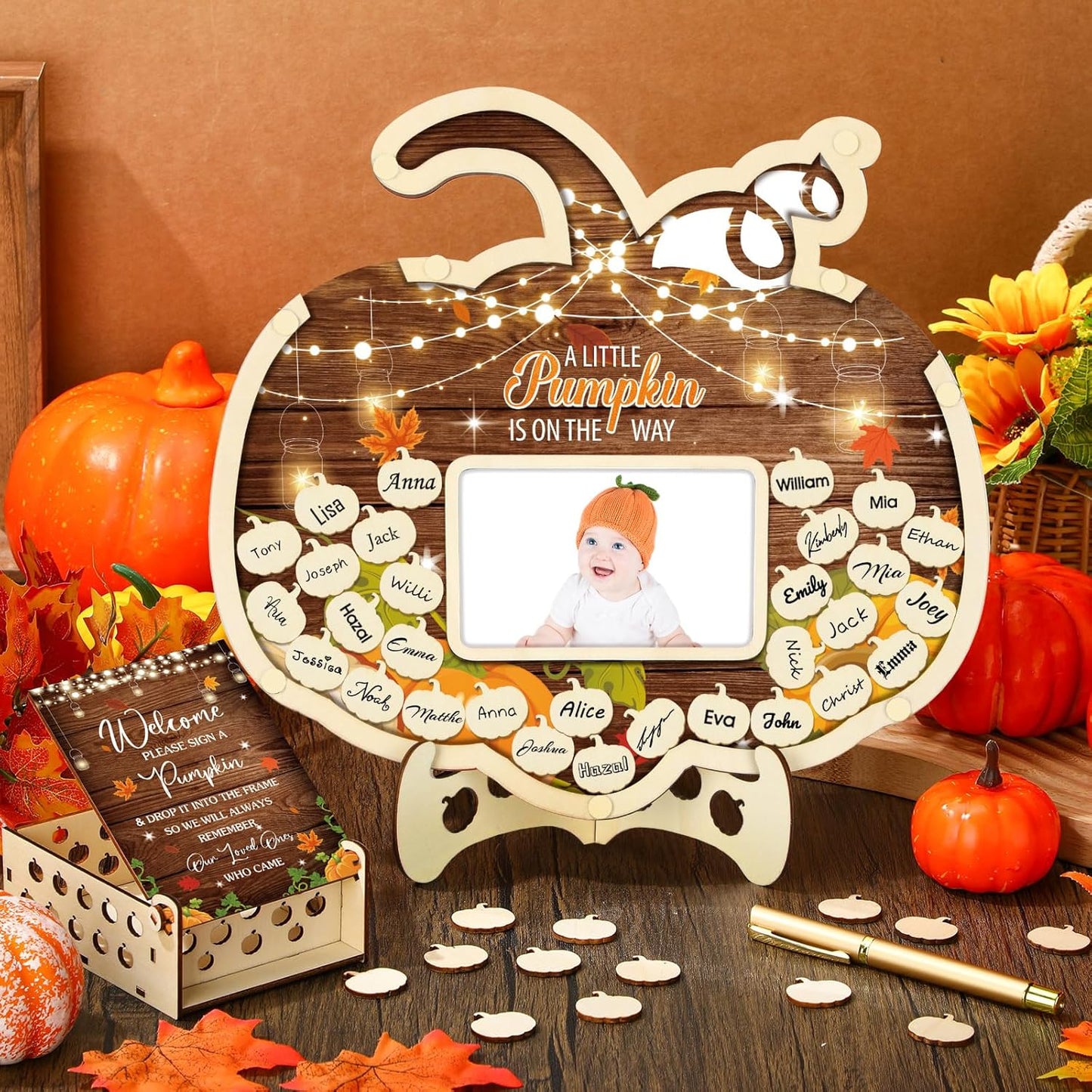 Wenqik 63 Pcs Rustic Little Pumpkin Baby Shower Guest Book Alternatives Set Baby Shower Decorations with Photo Frame Sonogram Frame Keepsake 60 Wood Slices Guest Book for Birthday
