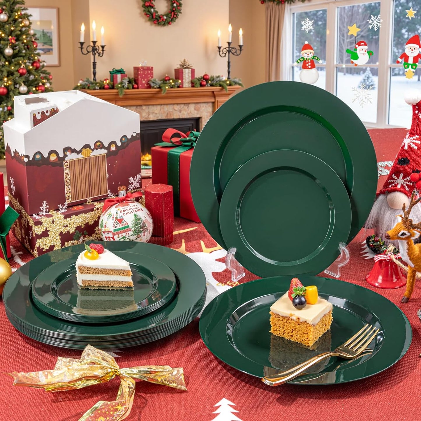 FLOWERCAT 200PCS Dark Green Plastic Plates Disposable Plates for Party - Heavy Duty Plastic Plates - 10" &7" Plate for 100 Guests New Year Parties and Events