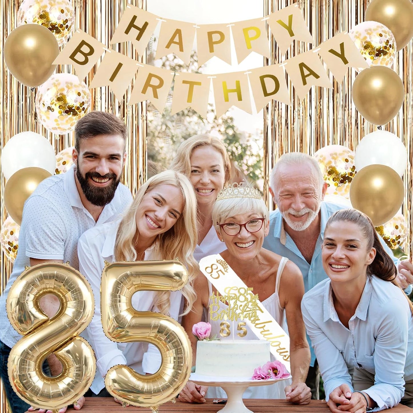 Trgowaul 85th Birthday Decorations for Women, Banner, Sash and Crown, Cake Topper, 85 Number Balloon, Fringe Curtains, Champagne Gold 85th Birthday Party Supplies