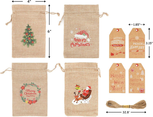 Tapleap Small Burlap Coth Christmas Gift Bags with Drawstring, 4x6 Inches (Lot of 40) with Tags, String, for Wrapping Holiday Party Favors or Gifts for, Kids Class, Coworkers, and Neighbor