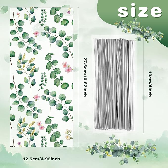 Outus 100 Pieces Eucalyptus Cellophane Party Treat Bag Sage Green Leaf Candy Bags for Baby Shower Wedding Bridal Shower Supplies Favors Decorations Birthday Theme Floral Decor