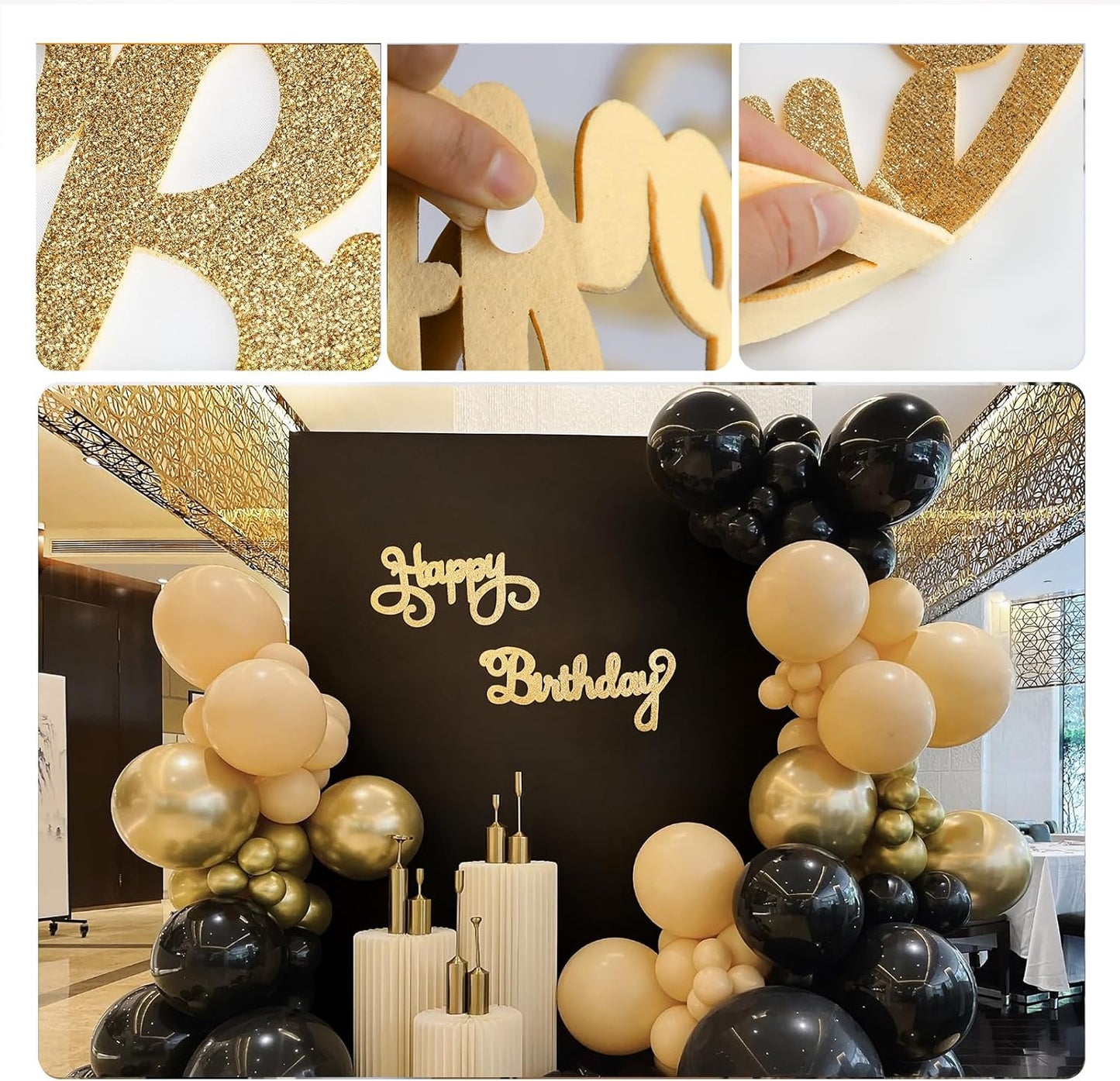 Champagne Gold Happy Birthday Sign for Arch Backdrop - Glitter Felt Happy Birthday Signs Large Letters for Balloon Banner Backdrop Wall Decorations for Party Banner for Women, Men, Kids