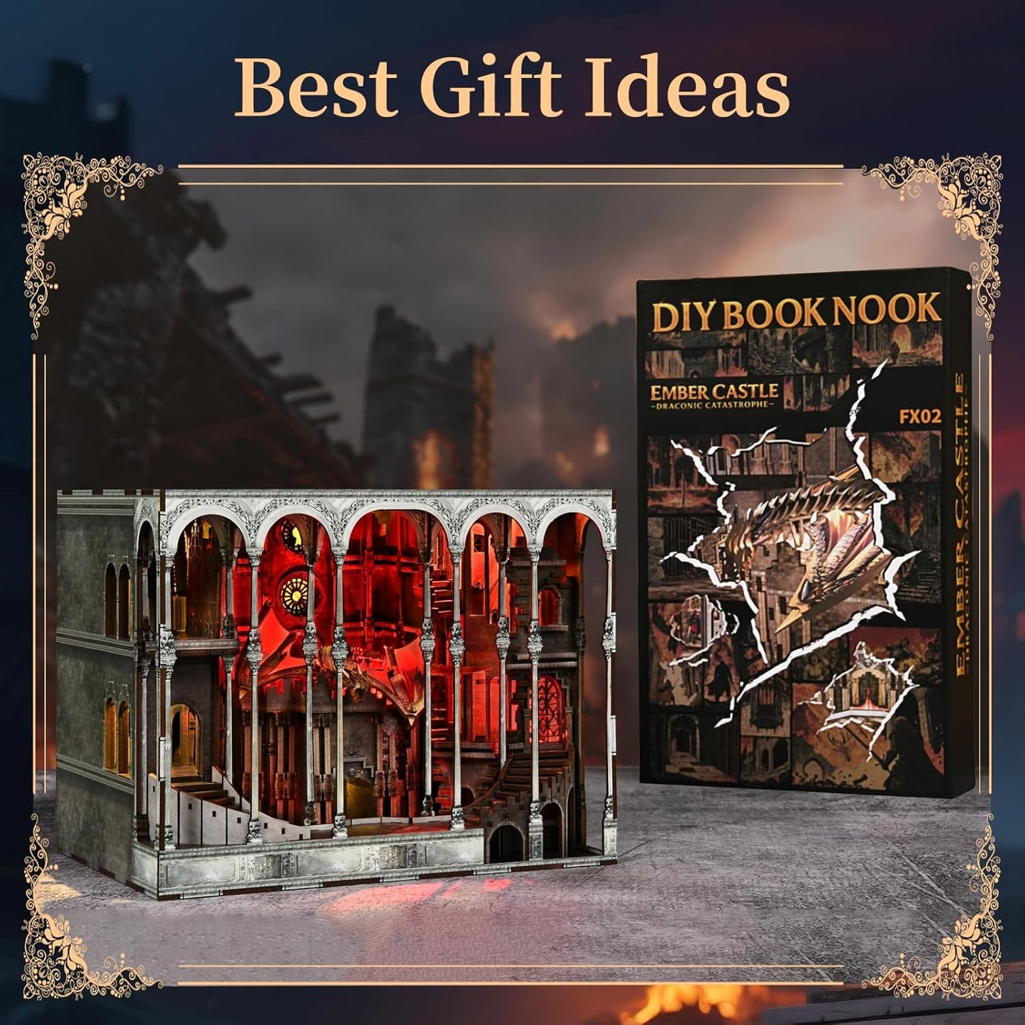 Book Nook Kit, DIY Miniature House Dollhouse Kit for Adult and Teens, Booknook Bookshelf Decor Castle Model Build with LED Light, Gifts for Family and Friends (Ember Castle)