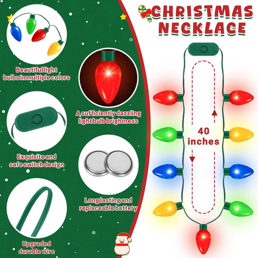 QZYL 10 Pack Christmas Lights Necklace, 40 in Colorful Christmas Accessories for Women, 9 LED Bulbs Necklaces Bulk with 3 Flash Modes, Suitable for Xmas New Year Party Favor Supplies Accessories