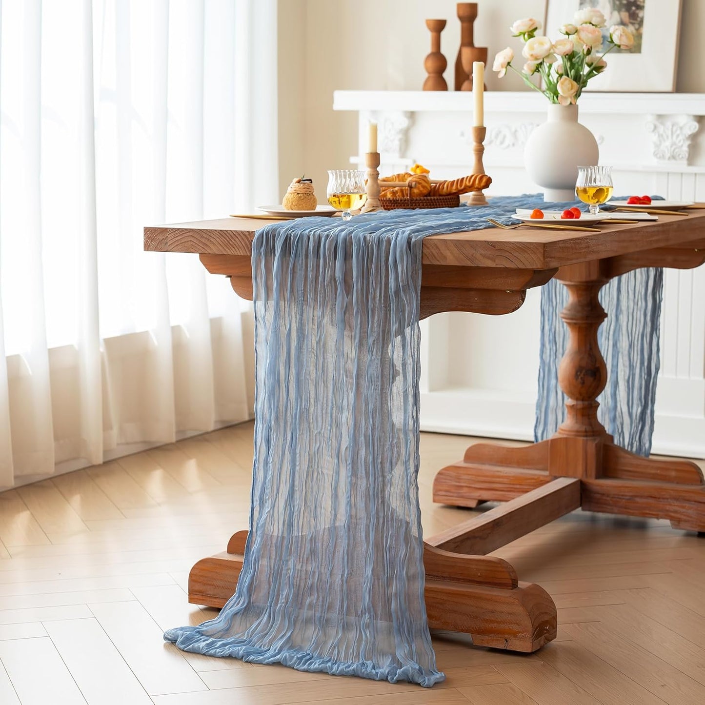 FEXIA 4 Pack Dusty Blue Table Runner 35x120 Inches for Baby Shower Decoration Gauze Rustic Table Runner for Wedding Party First Communion Centerpiece Engagement Bridal Shower Boho Decoration