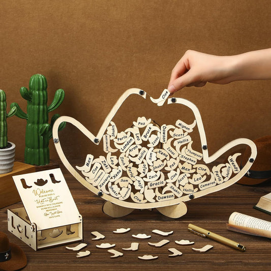 Wenqik 63 Pcs Cowboy Hat Baby Shower Guest Book Alternatives Set Baby Shower Decorations with Photo Frame Sonogram Frame Keepsake 60 Wood Slices Guest Book for Birthday