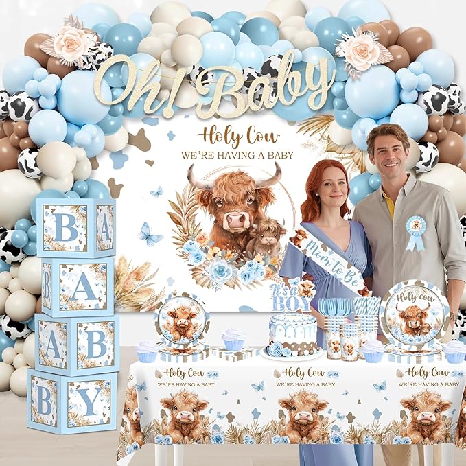 Cocomigo 241pcs Highland Cow Baby Shower Decorations for Boy, One-stop Package Includes 40 Plates 2 Tablecloths 1 Sash and 1 Pin, Complete Balloon Arch Tableware Set for Baby Shower