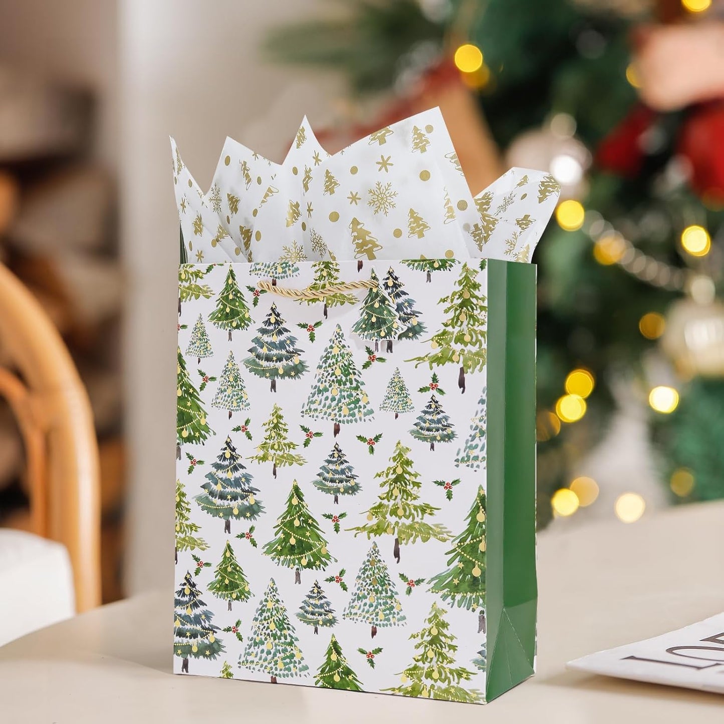 Enfoldia 4 Pack 9" Medium Christmas Paper Gift Bags with Handles Tag Gold Silver Tissue Paper Holiday Goody Treat Bags Xmas Treat Gift Wrap Party Favor Supplies Winter Weddings Present Wrapping Bulk