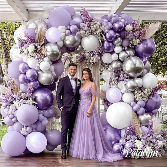 Pastel Purple White Balloon Arch Double Stuffed, Light Lavender Pearl Balloon Garland Kit with Metallic Lilac Silver Color for Bridal Shower Wedding Birthday Graduation Mothers Day Party Decoration