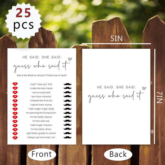 Bridal Shower Games, He Said She Said, 25Pcs Minimalist White Double-Sided Bridal Game Cards, Wedding Shower Games for Guests, Engagement Bachelorette Party Supplies - A12