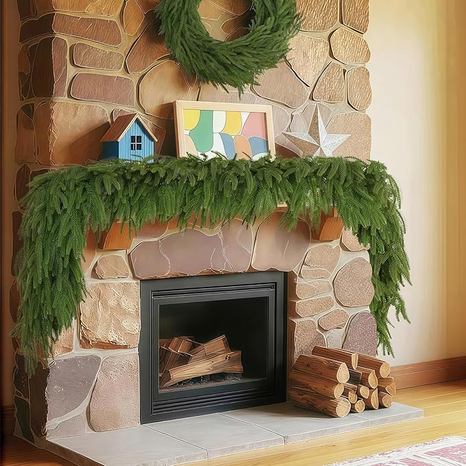 4 Pcs 9FT Christmas Garland, Christmas Decorations, Artificial Norfolk Pine Garland, Faux Greenery Garland for Mantle Fireplace Table Door Wall Upstairs Indoor Outdoor Holiday Xmas Decor